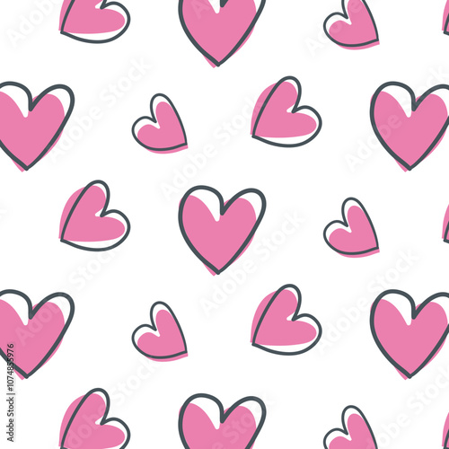 Repeated outlines of hearts drawn by hand. Romantic seamless pattern. Endless cute print. Girly vector illustration.
