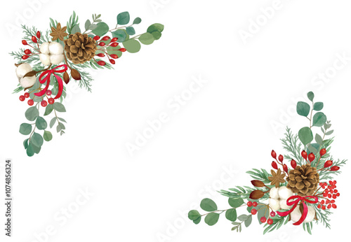 ポインセチアと針葉樹のクリスマスのベクターイラスト