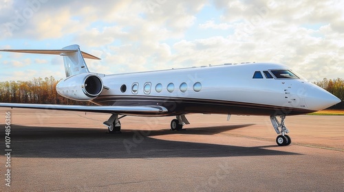 Luxury private jet parked on a tarmac with cloudy sky. Business aviation, wealth, travel concept.