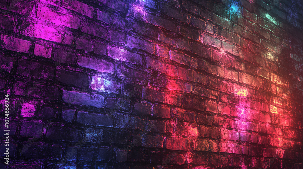 a wall of bricks colorful dark gradient rainbow lights purple red green modern decoration angle shot view perspective a wall of bricks colorful dark gradient rainbow lights purple red green modern decoration angle shot view perspective