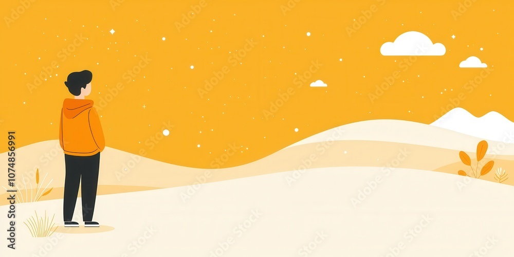 Obraz premium A person gazing at a bright yellow landscape with soft clouds and gentle hills.