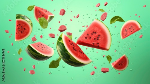 Watermelon Slices Floating in the Air