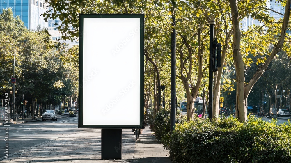 Blank Billboard on Urban Street Surrounded by Trees Blank Billboard on Urban Street Surrounded by Trees