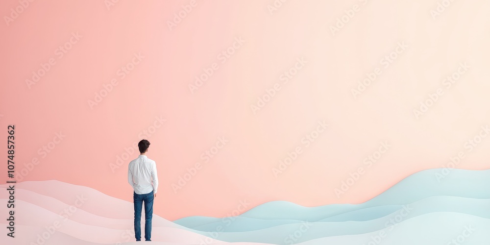 A person standing alone, reflecting on a serene and dreamy landscape. A person standing alone, reflecting on a serene and dreamy landscape.