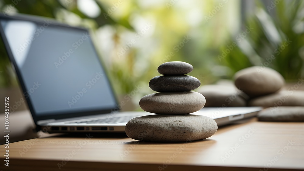 Zen stones on the desk with an off-focus laptop in the office background 3d illustration image. Zen stones on the desk with an off-focus laptop in the office background 3d illustration image.