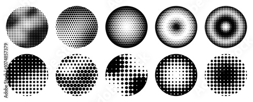 Set of round halftones. Collection of various circles of gradient dots. Isolated vector icons on white background. Dotted design elements. Vector illustration.