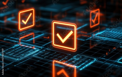 A futuristic digital scene showcasing glowing check marks on a technological grid, symbolizing verification and approval in a cyber environment.