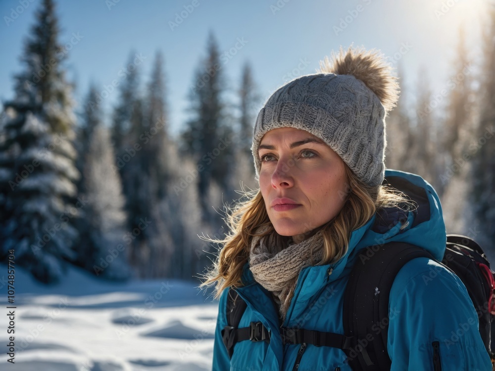 A woman traveler standing against the backdrop of a snow-covered forest, embodying adventure and the spirit of exploration A woman traveler standing against the backdrop of a snow-covered forest, embodying adventure and the spirit of exploration