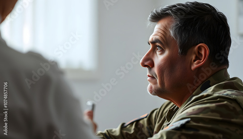 Healing process. Full length shot of middle aged military man looking away during therapy session with psychologist. Soldier suffering from depression, psychological trauma. PTSD concept isolated wi photo