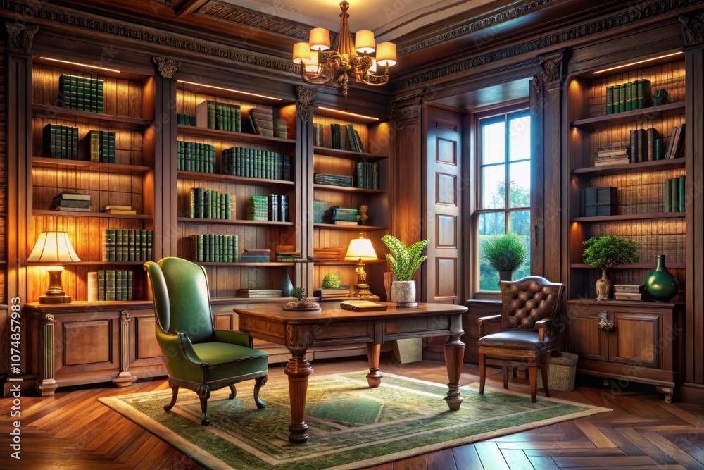 a library with a green chair and a lamp on the table a library with a green chair and a lamp on the table