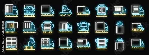 Glowing neon truck icons representing various types of delivery, cargo, and shipping vehicles, illuminating the concept of logistics and transportation