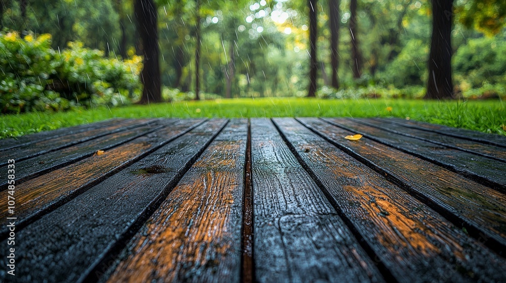 A close-up view of a wooden deck in a lush, rain-soaked forest setting. A close-up view of a wooden deck in a lush, rain-soaked forest setting.