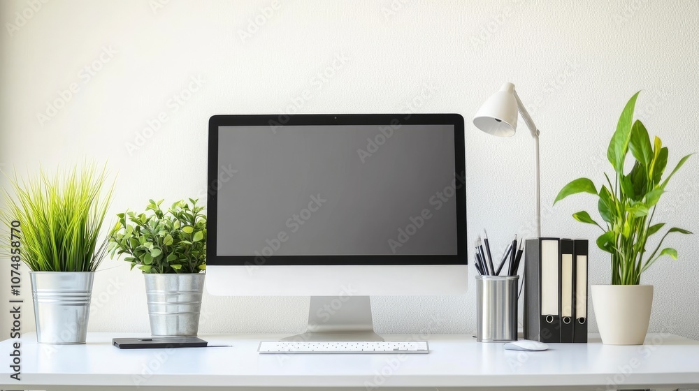 Modern Workspace with Computer, Plants, and Office Supplies Modern Workspace with Computer, Plants, and Office Supplies