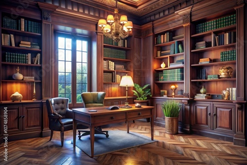 a library with a green chair and a lamp on the table