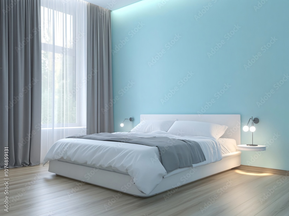 Modern Bedroom Interior Design with Blue Wall and White Bed Modern Bedroom Interior Design with Blue Wall and White Bed