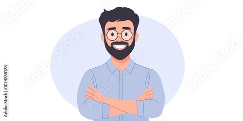 A smiling man with glasses and a beard, arms crossed, exuding confidence and friendliness.