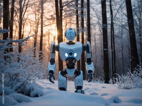 A rescue robot in a forest, searching for lost individuals, equipped with advanced technology to assist in emergencies and navigate through the wilderness