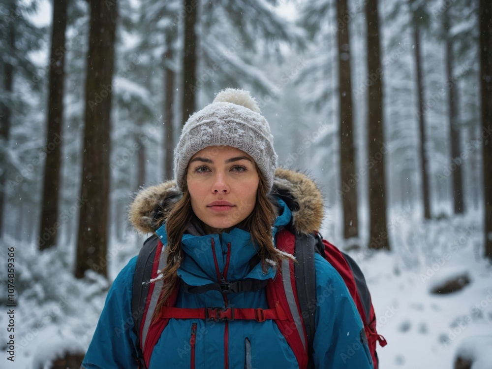 A woman traveler walks through a serene snowy forest, surrounded by tall trees and a winter wonderland, capturing the essence of adventure and solitude A woman traveler walks through a serene snowy forest, surrounded by tall trees and a winter wonderland, capturing the essence of adventure and solitude