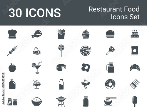 collection of 30 food Food Icons Set in a minimalist style,
including dishes, drinks, desserts,
and ingredients. Vector Illustration