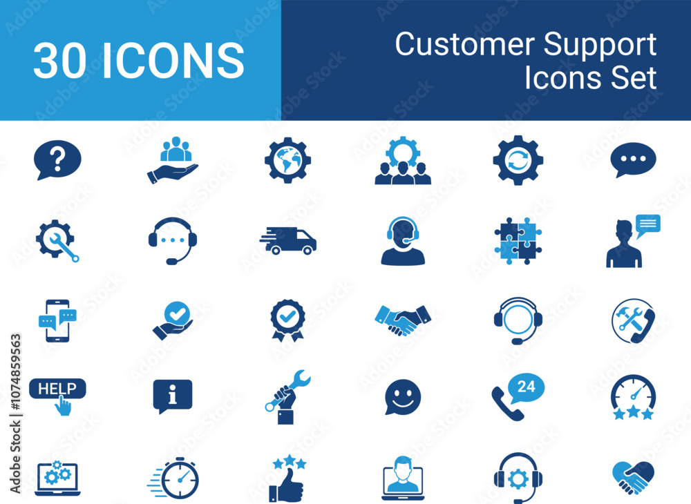 A set of 30 Customer Service Icon sets, Support, Helpdesk, and Solutions. including support, helpdesk, technical assistance, and communication. Vector Illustration