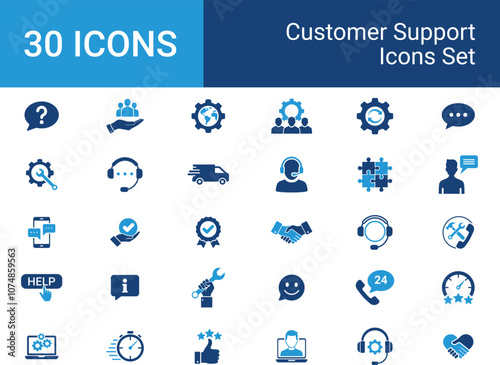 A set of 30 Customer Service Icon sets, Support, Helpdesk, and Solutions. including support, helpdesk, technical assistance, and communication. Vector Illustration