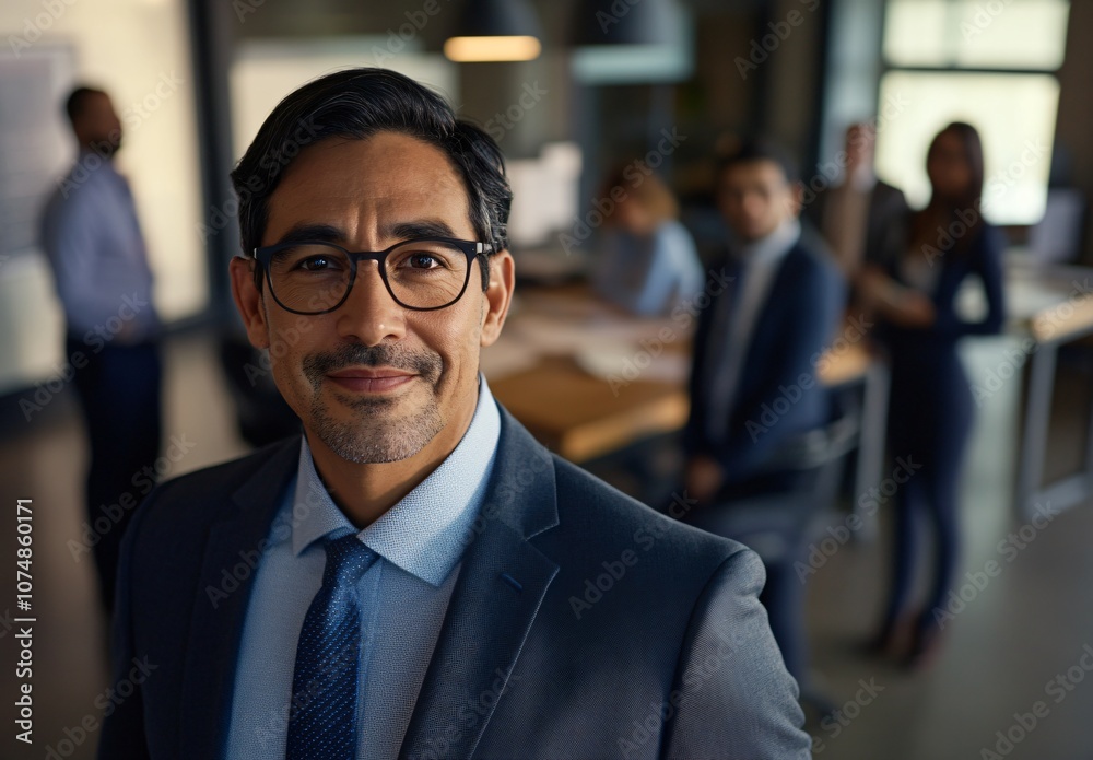 Confident Businessman in Suit and Glasses Smiling at Camera in Office Confident Businessman in Suit and Glasses Smiling at Camera in Office