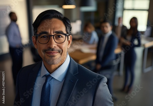 Confident Businessman in Suit and Glasses Smiling at Camera in Office