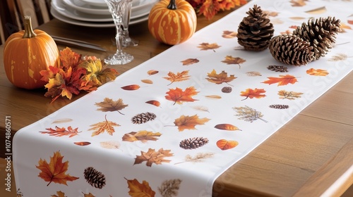 Autumn-themed table setting with decorative runner, pumpkins, and pinecones in a cozy dining area for fall gathering