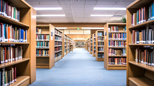  The well-lit, expansive, and beautifully organized library with rows of shelves filled with books offers an inviting space for reading and research