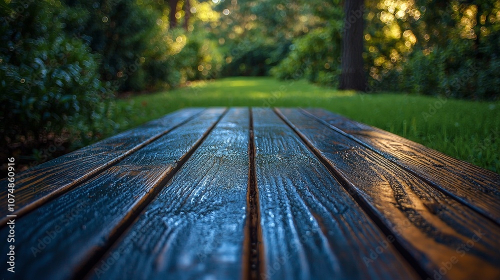 A close-up view of a wooden surface leading into a serene, green garden pathway. A close-up view of a wooden surface leading into a serene, green garden pathway.