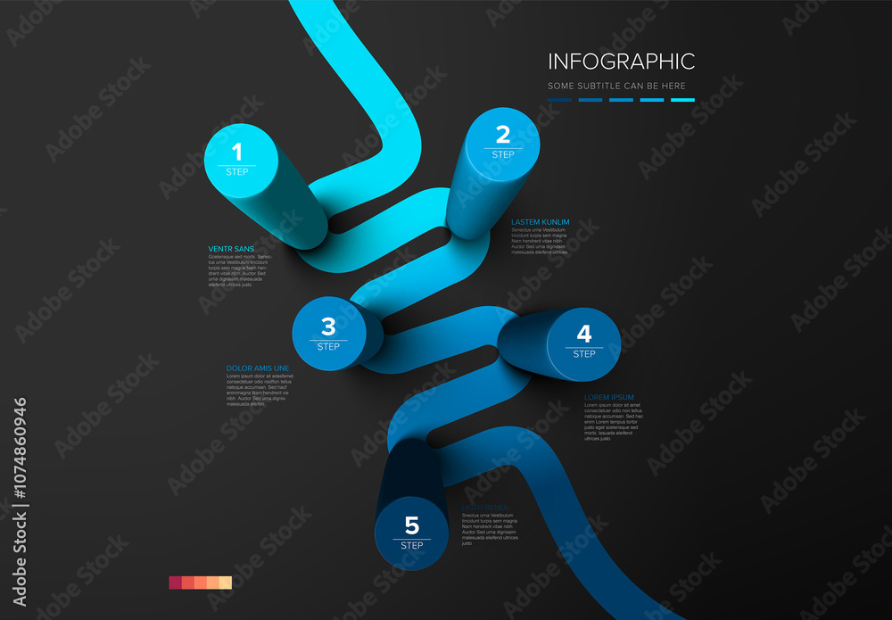 Five round blue columns infographic template with five steps instructions on diagonal gradient path
