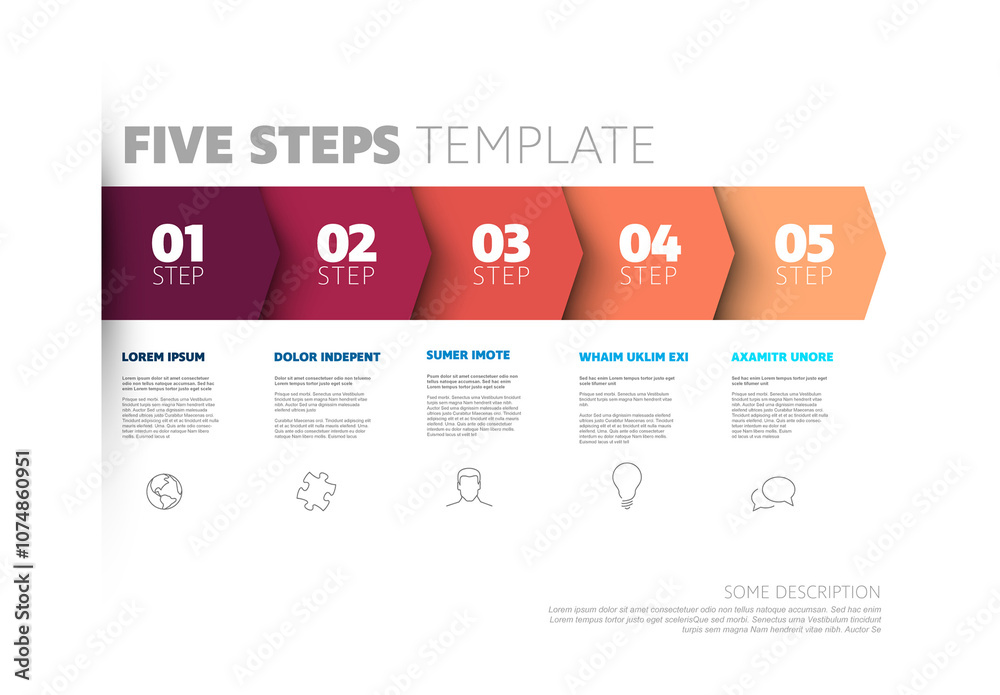 Five red progress block steps template with descriptions and icons on white background