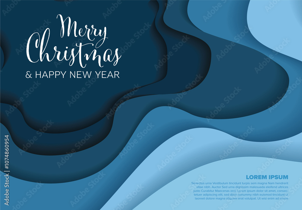 Abstract modern Merry Christmas and Happy New Year card with blue deep background