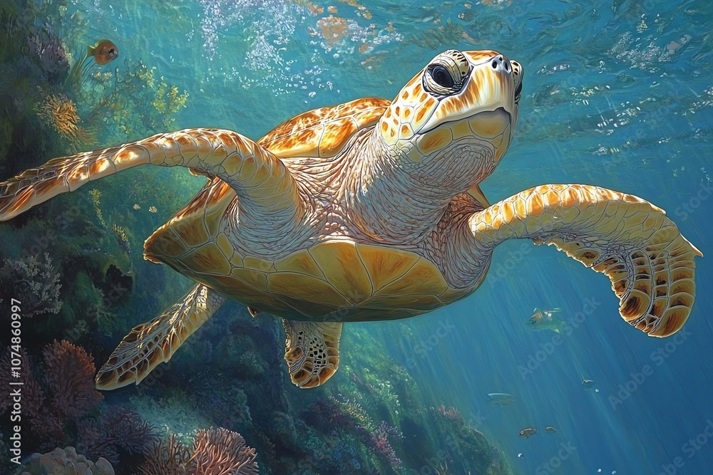Fototapeta premium A green sea turtle swims through a coral reef, sunbeams shining through the water.