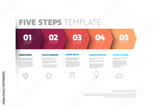 Obraz na płótnie Five red progress block steps template with descriptions and icons on white background w salonie