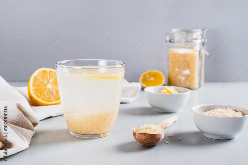 Drink for weight loss rice-zempic in a glass on the table Drink for weight loss rice-zempic in a glass on the table