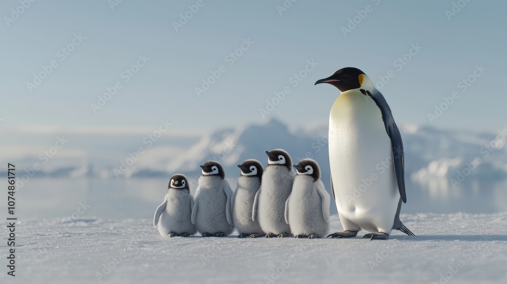 Obraz premium A parent penguin stands protectively beside its five fluffy chicks on a snowy terrain, showcasing family bonds in a serene, icy landscape.