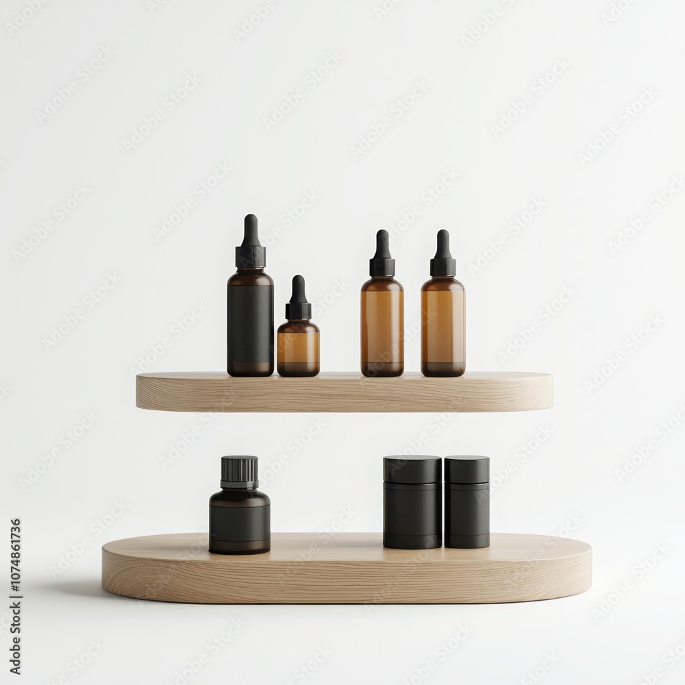 Stylish arrangement of essential oil bottles on wooden shelves for home decor. Stylish arrangement of essential oil bottles on wooden shelves for home decor.