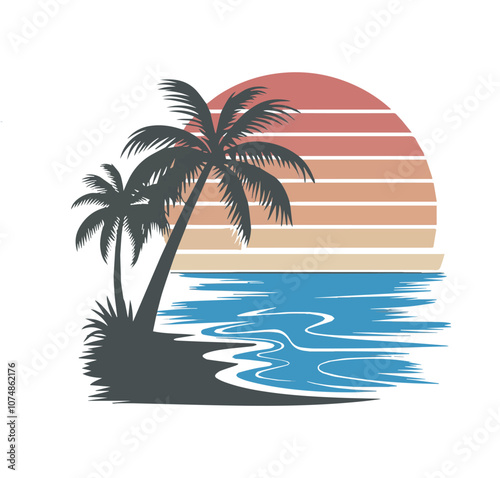  Retro color design vector sea beach and palm tree illustration1.
