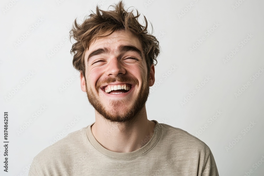 Fototapeta premium A man with a beard laughs in a beige shirt.