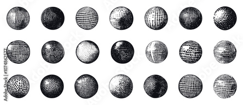 Dotted Balls Hand-Drawn Linocut Grunge Texture Vector Set White Background Distressed Decorative Art Vintage Graphics Patterned Spheres Collection Playful Artistic Design Elements