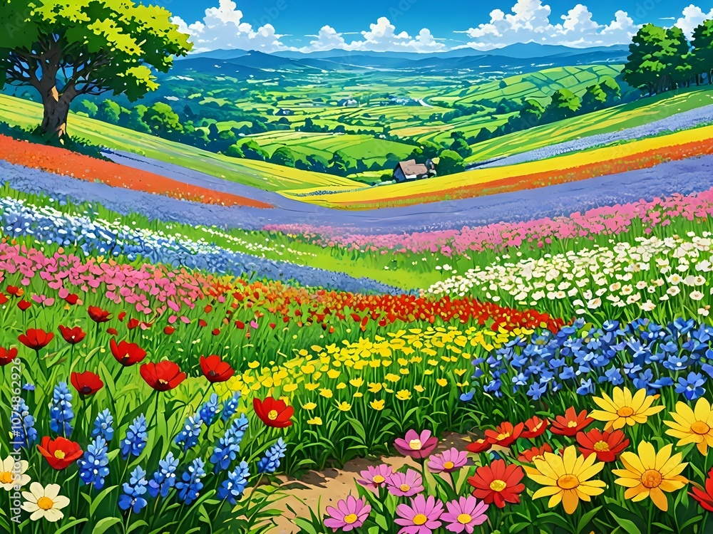 As spring arrives, the wildflower fields stretch as far as the eye can see, a vibrant tapestry of colors blending in beautiful harmony, anime art As spring arrives, the wildflower fields stretch as far as the eye can see, a vibrant tapestry of colors blending in beautiful harmony, anime art