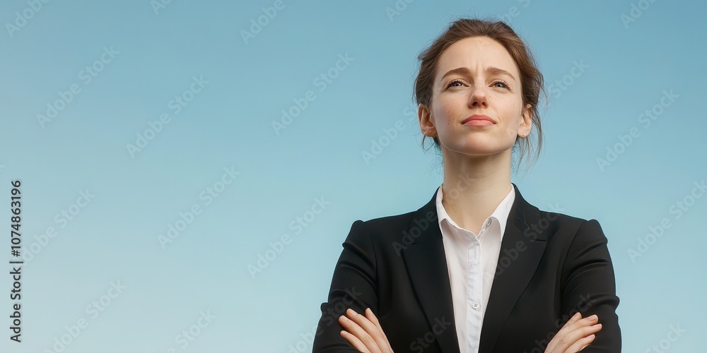 Confident business woman standing proud against a clear blue sky, embodying leadership. Confident business woman standing proud against a clear blue sky, embodying leadership.