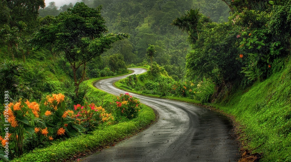 A winding road through a lush, green landscape filled with vibrant flowers and tropical foliage. A winding road through a lush, green landscape filled with vibrant flowers and tropical foliage.