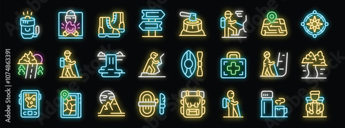 Explore the wilderness with this vibrant neon icon set, featuring essential gear and activities for hiking and trekking enthusiasts