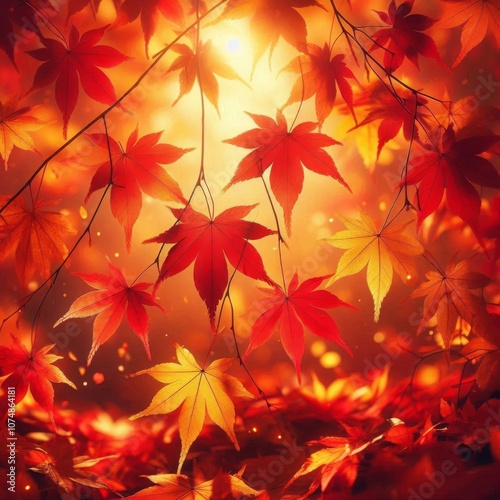 Vibrant red and yellow maple leaves scattered in autumnal beauty