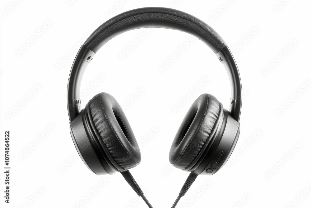 Black headphones with a wire on a white background. Black headphones with a wire on a white background.