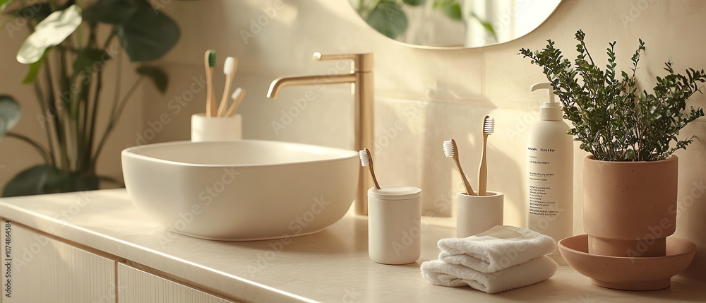 Closeup of bamboo toothbrushes, menstrual cup, and other reusable items in a sophisticated bathroom setting, neutral tones, organized neatly, promoting ecofriendly zerowaste living Closeup of bamboo toothbrushes, menstrual cup, and other reusable items in a sophisticated bathroom setting, neutral tones, organized neatly, promoting ecofriendly zerowaste living
