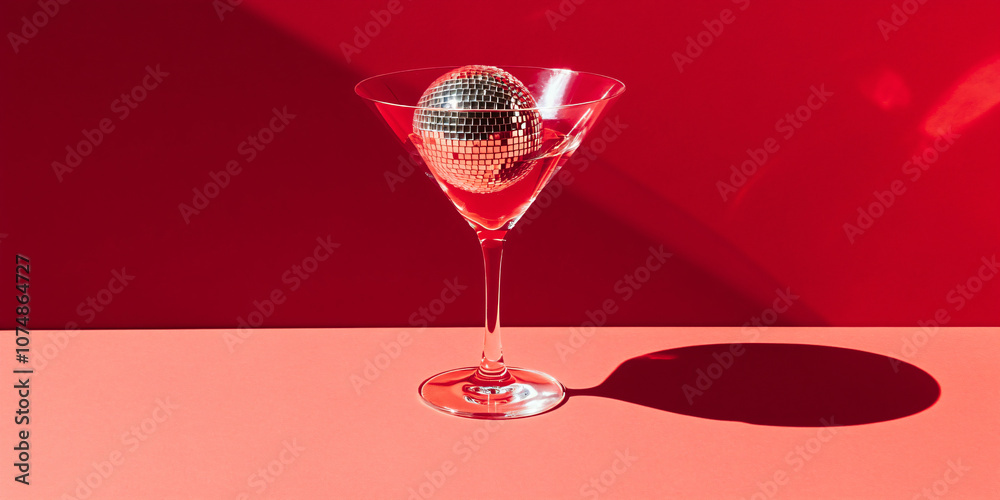 Cocktail party with disco ball on sunset coral color background. Disco party, retro fashion. Modern stylish banner template for holiday card, banner, flyer, menu with space for text Cocktail party with disco ball on sunset coral color background. Disco party, retro fashion. Modern stylish banner template for holiday card, banner, flyer, menu with space for text