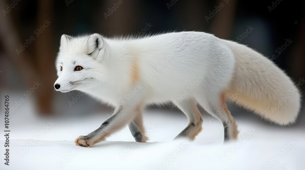 Fototapeta premium A beautiful white fox walking gracefully through a snowy landscape, showcasing its stunning fur and peaceful demeanor.